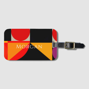 Etiqueta De Bagagem Desenho Geométrico, Nome, Vermelho, Preto, Laranja