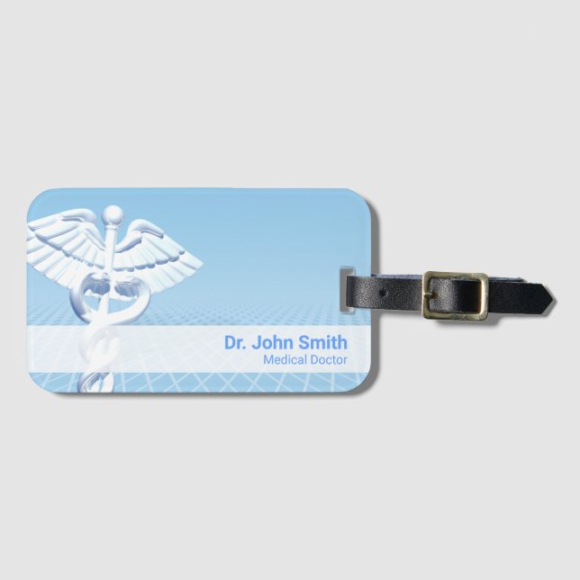 Etiqueta De Bagagem Design Azul 3D Caduceus Branco Médico (Frente Horizontal)