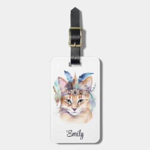 Etiqueta De Bagagem Design de gato hippie com aquarela branca