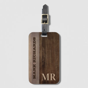 Etiqueta De Bagagem Design de madeira castanha escura Monograma