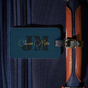 Etiqueta De Bagagem Design de monograma azul de denim escuro minimalis