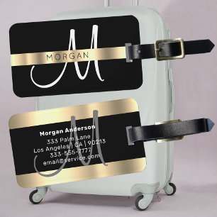Etiqueta De Bagagem Design Dourado e Preto, Nome e Grande Monograma
