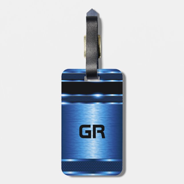Etiqueta De Bagagem Design Geométrico Azul Metálico Moderno (Traseira Vertical)