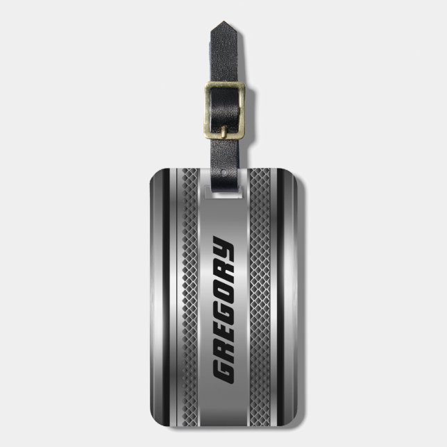Etiqueta De Bagagem Design Monogramas de Faux prata Masculina (Frente Vertical)