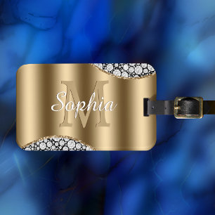 Etiqueta De Bagagem Diamantes Glam em Preto, Monograma Dourado, Nome e