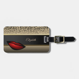 Etiqueta De Bagagem Diamantes Ouro Elegante- Lábio Vermelho-Personaliz