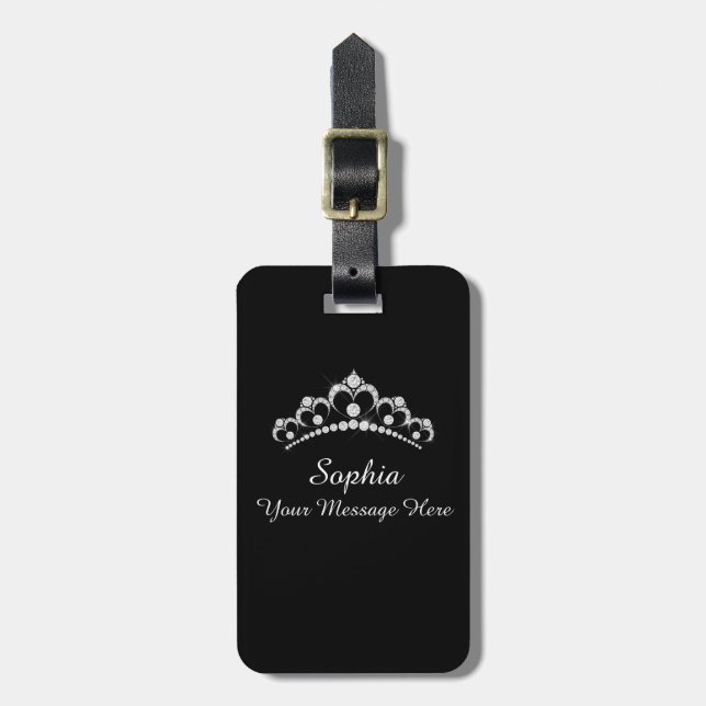 Etiqueta De Bagagem Diamond Crown, Name, Your Message, Info, Black (Frente Vertical)