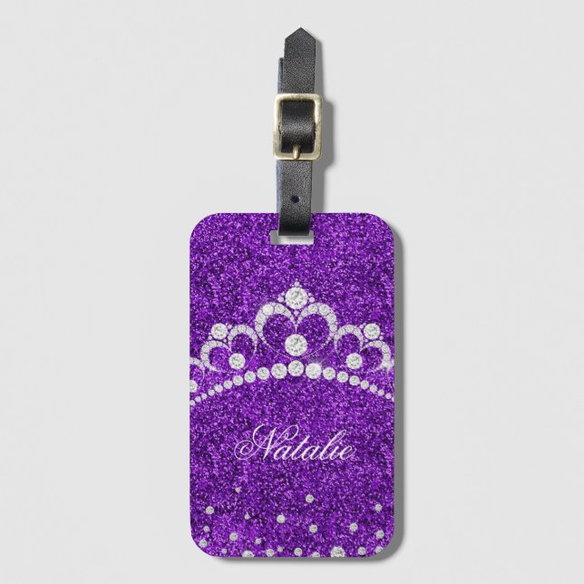 Etiqueta De Bagagem Diamond Princess Crown Glitter Personalizado (Frente Vertical)