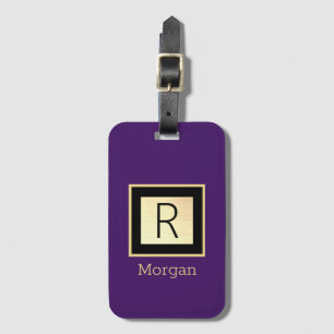 Etiqueta De Bagagem DIY Name & Monograma, Black & Dourado Box, Deep Pu