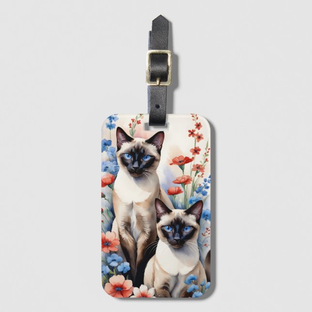 Etiqueta De Bagagem Dois gatos e flores siameses (Frente Vertical)