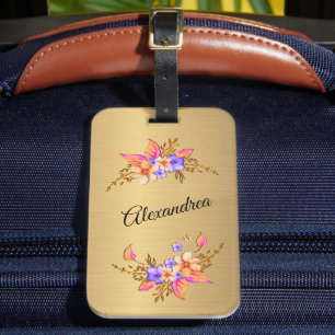 Etiqueta De Bagagem Dourada Elegante Purple Floral Personalize