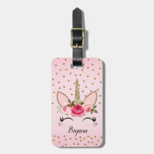 Etiqueta De Bagagem Dourada Glitter e Cor-de-Rosa Floral Unicórida Tre