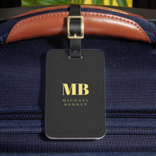 Etiqueta De Bagagem Dourada Tipografia Monograma Elegante Couro Preto