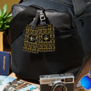 Etiqueta De Bagagem Dourado Chic Preto redemoinho de Damasco monograma