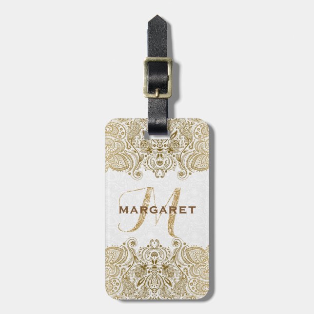 Etiqueta De Bagagem Dourado E Branco Paisley Lace (Frente Vertical)