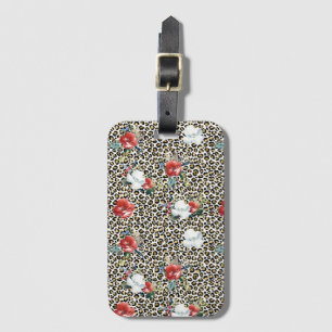 Etiqueta De Bagagem Dourado Leopardo Impresso Vermelho Floral Branco