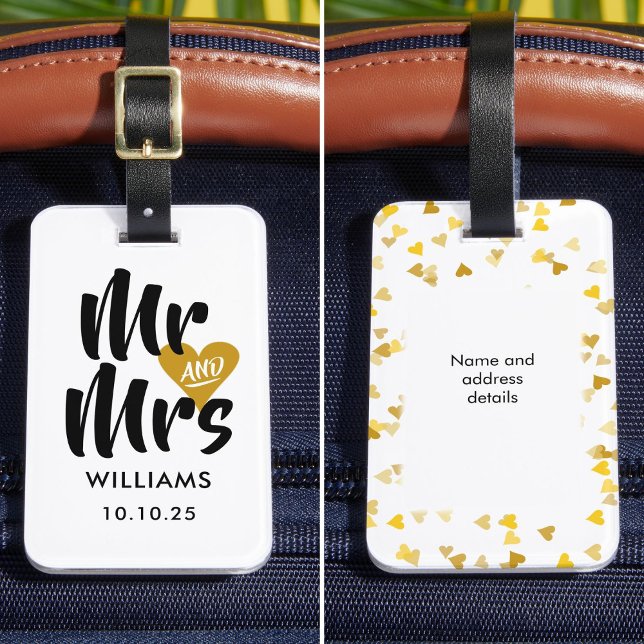 Etiqueta De Bagagem Dourado personalizado Sr. e Sra. (Personalized Gold Heart Mr and Mrs Luggage Tag)