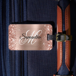Etiqueta De Bagagem Dourado Rosa Brilhante com Lantejoulas