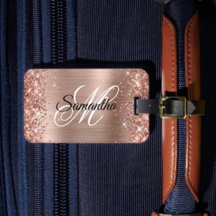 Etiqueta De Bagagem Dourado Rosa Brilhante com Lantejoulas