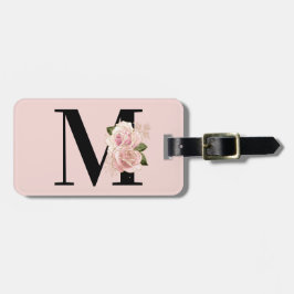 Etiqueta De Bagagem Dourado Rosa Brilho Floral Blush e Monograma Preto