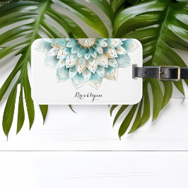 Etiqueta De Bagagem Dourado Teal Floral Mandala Personalizado