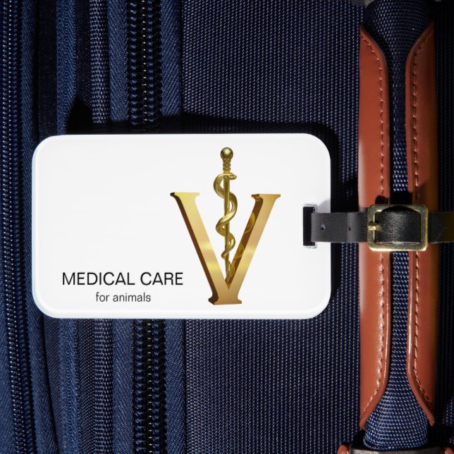 Etiqueta De Bagagem Dourado V Medicina Veterinária Elegante Vet Asclep (Frente Insitu 4)