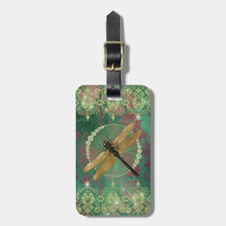 Etiqueta De Bagagem Dragonfly Dourada Elegante em Verde com Rhinestone