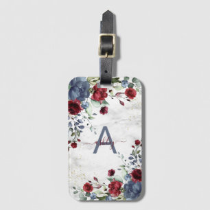 Etiqueta De Bagagem Dusty Blue Burgundy Floral Marble Name Monograma
