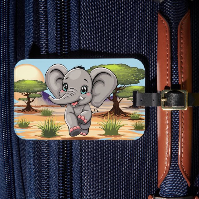 Etiqueta De Bagagem Elefante Bebê Pulando Feliz em Savana Africana (Frente Insitu 4)