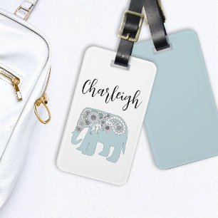 Etiqueta De Bagagem Elefante Xadrez Azul Personalizado Boho Chic
