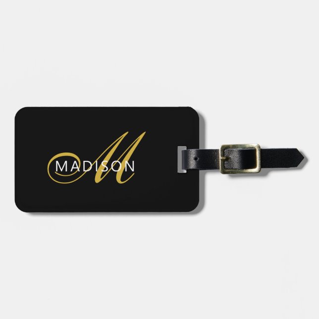 Etiqueta De Bagagem Elegant Black Gold Monogram Script Initial  (Frente Horizontal)