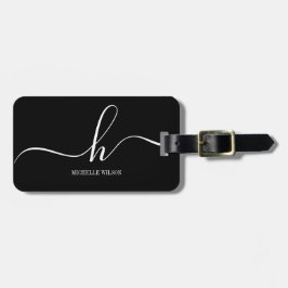 Etiqueta De Bagagem Elegant Black White Monogram Initial Script Name 