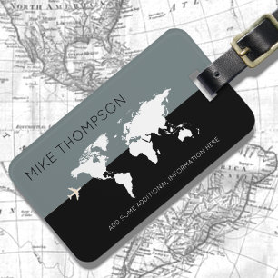 Etiqueta De Bagagem elegant, modern gray black worldmap travel