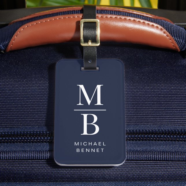 Etiqueta De Bagagem Elegant Navy Blue Monogram (Frente Insitu 2)