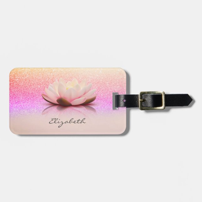 Etiqueta De Bagagem Elegant Trendy Girly, Lotus Glitter Bokeh  (Frente Horizontal)
