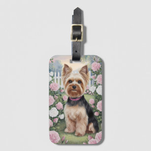 Etiqueta De Bagagem Elegant Yorkshire Terrier Rosa Garden Painting