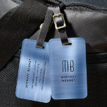 Etiqueta De Bagagem Elegante Azul Brutado Metais Monograma<br><div class="desc">Etiqueta de Bagagem Metálica Monofílica Monofilada Azul Elegante Brugado Faux</div>