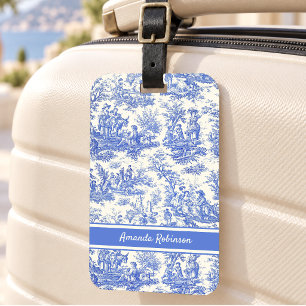 Etiqueta De Bagagem Elegante Azul Vintage Toile De Jouy