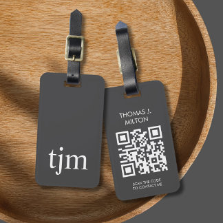 Etiqueta De Bagagem Elegante Código QR Monograma Branco Cinza Escuro e