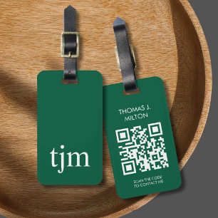 Etiqueta De Bagagem Elegante Código QR Monograma Branco Verde Escuro e