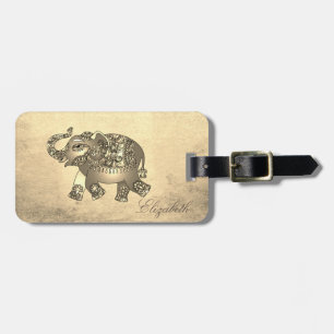 Etiqueta De Bagagem Elegante Dourado, Elefante Paisley