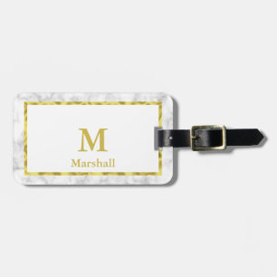 Etiqueta De Bagagem Elegante, Dourado Monograma e Mármaco Branco