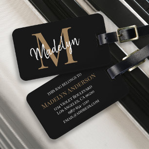 Etiqueta De Bagagem Elegante Dourado Monograma - Nome do Script Na mod