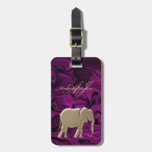 Etiqueta De Bagagem Elegante elefante roxo e Dourado, monograma