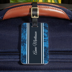 Etiqueta De Bagagem Elegante Estiloso Azul Marinho Floral Damask Vinta