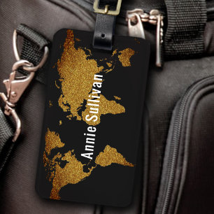 Etiqueta De Bagagem Elegante Faux Dourado World Map Agent