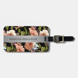 Etiqueta De Bagagem Elegante floral Dourado monograma negro