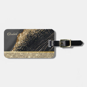 Etiqueta De Bagagem Elegante Glitter Dourado Sequins Mármore Preto