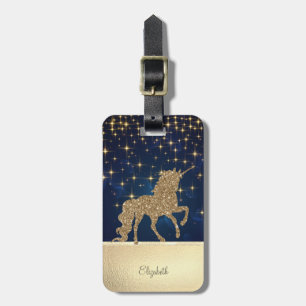 Etiqueta De Bagagem Elegante Glitter Dourado Unicorn Stars Marinho Azu