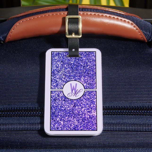 Etiqueta De Bagagem Elegante Glitter Roxo Monogramado  (Frente Insitu 2)